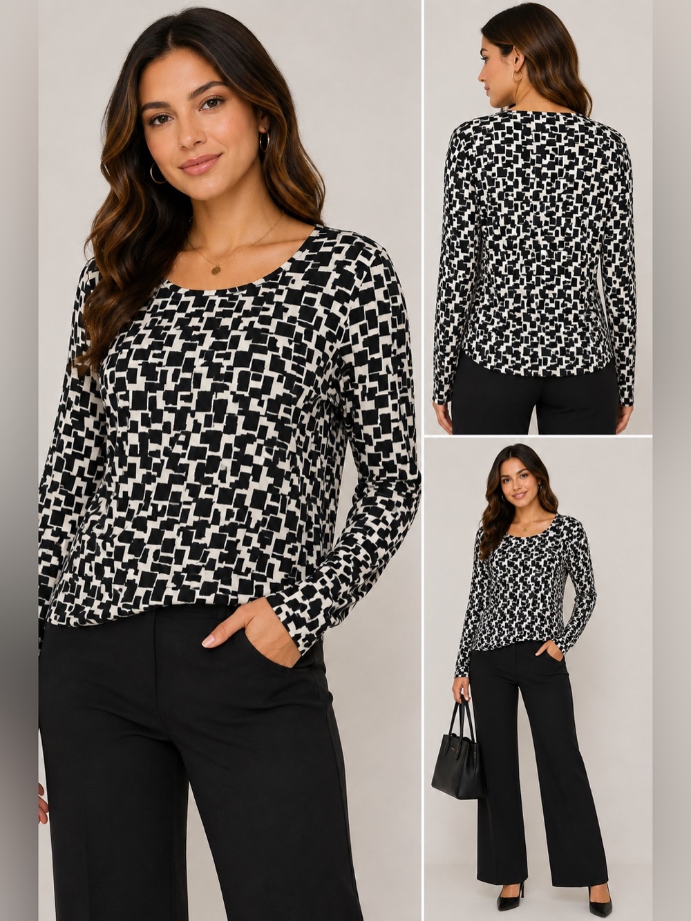 Premise Studio Black White Geometric Print Long Sleeve Top Size L NWT
